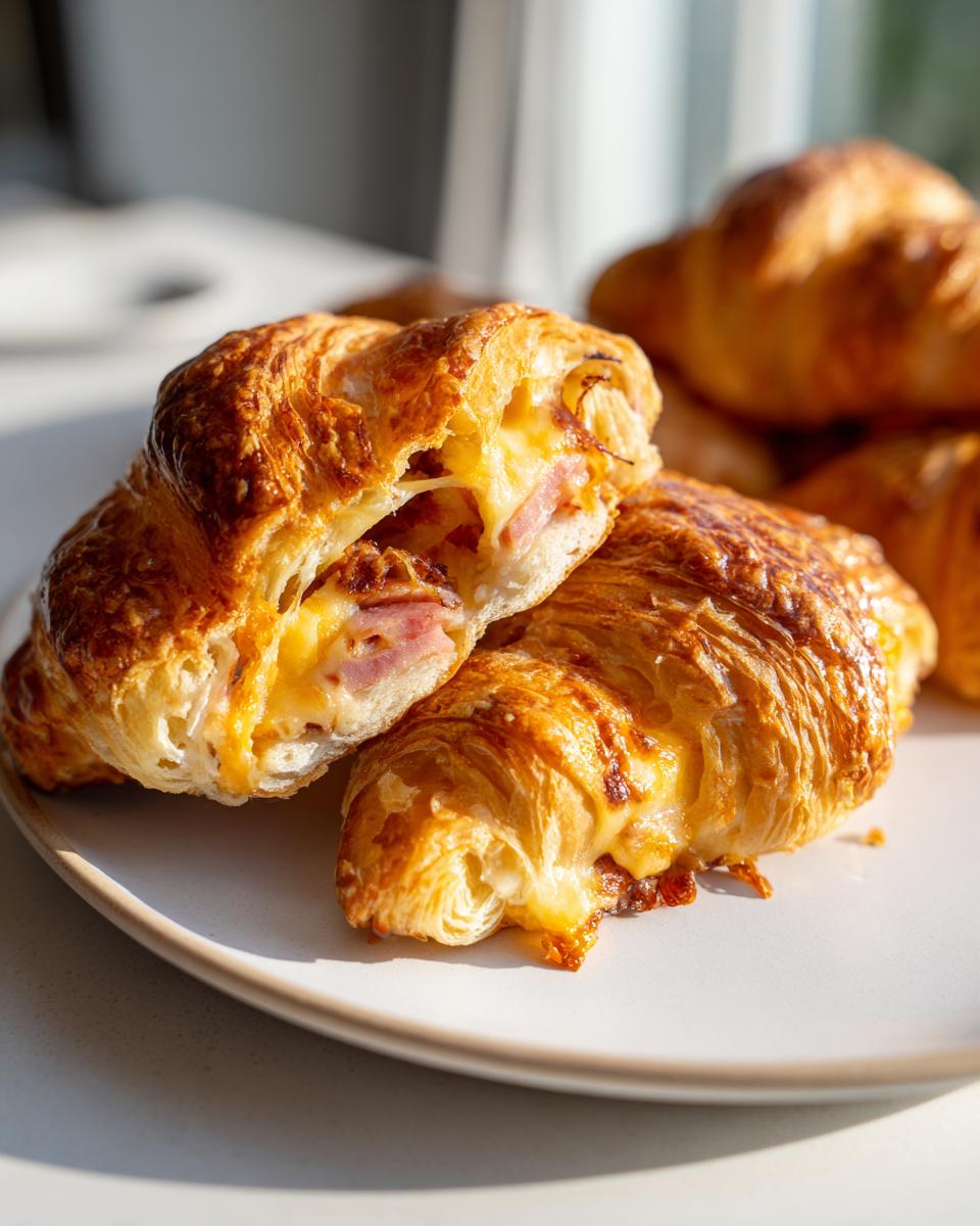 Close-up of a baked ham and cheese croissant cut in half, showing melted cheese and ham filling.