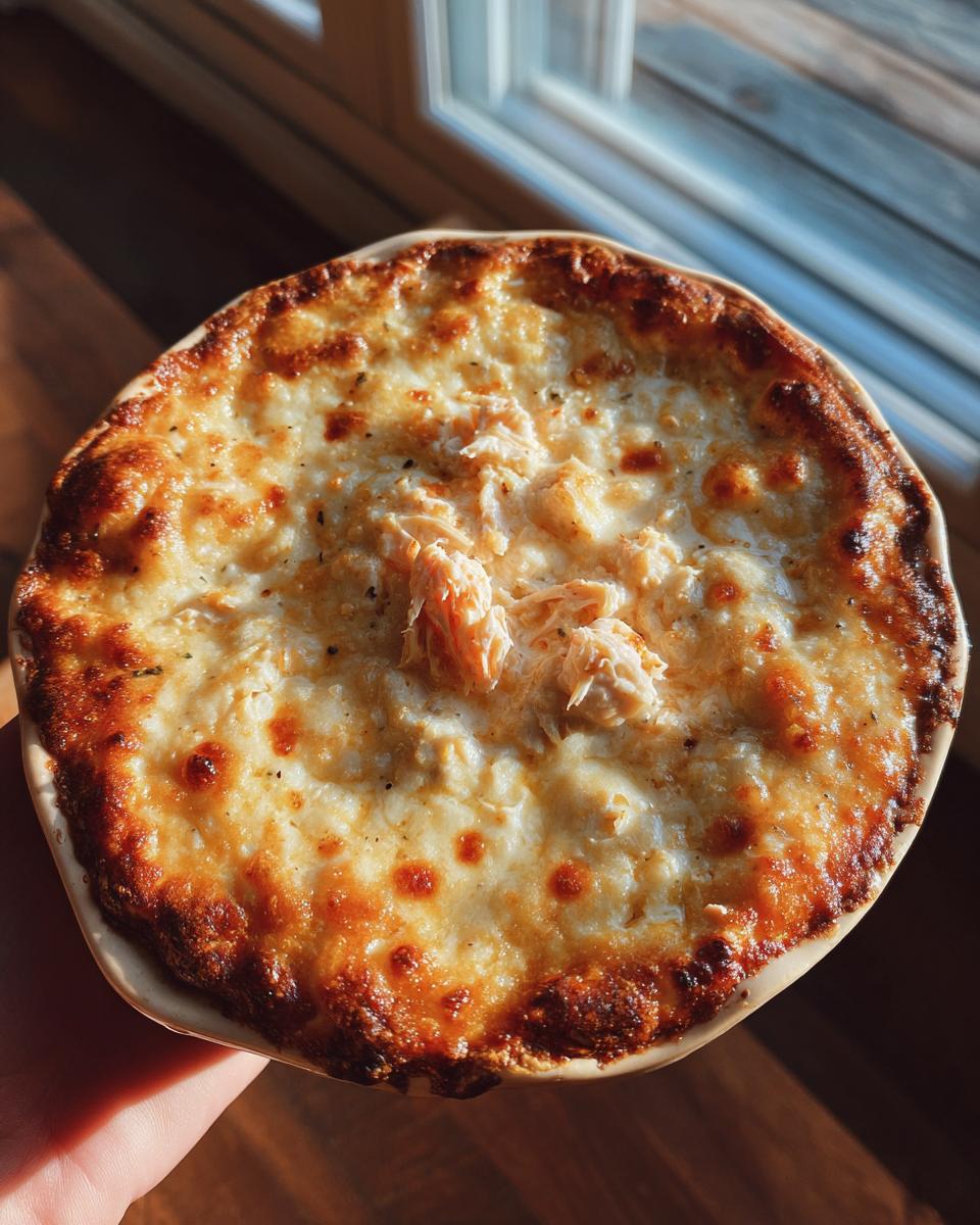 A bubbling, baked hot crab dip in a round dish, featuring a golden, cheesy crust and visible crab meat.