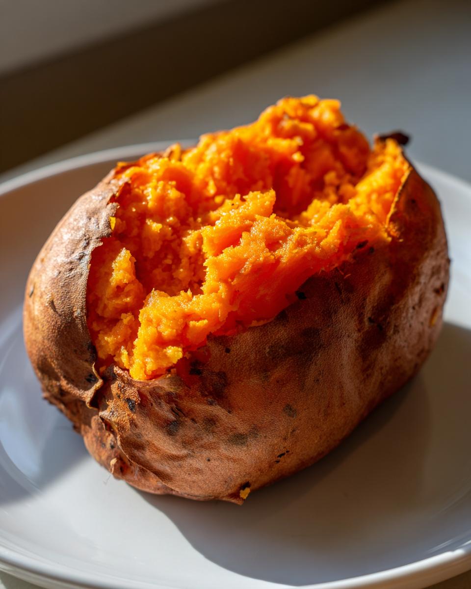 Close-up of a perfectly baked sweet potatoes, split open to show the bright orange, fluffy interior.