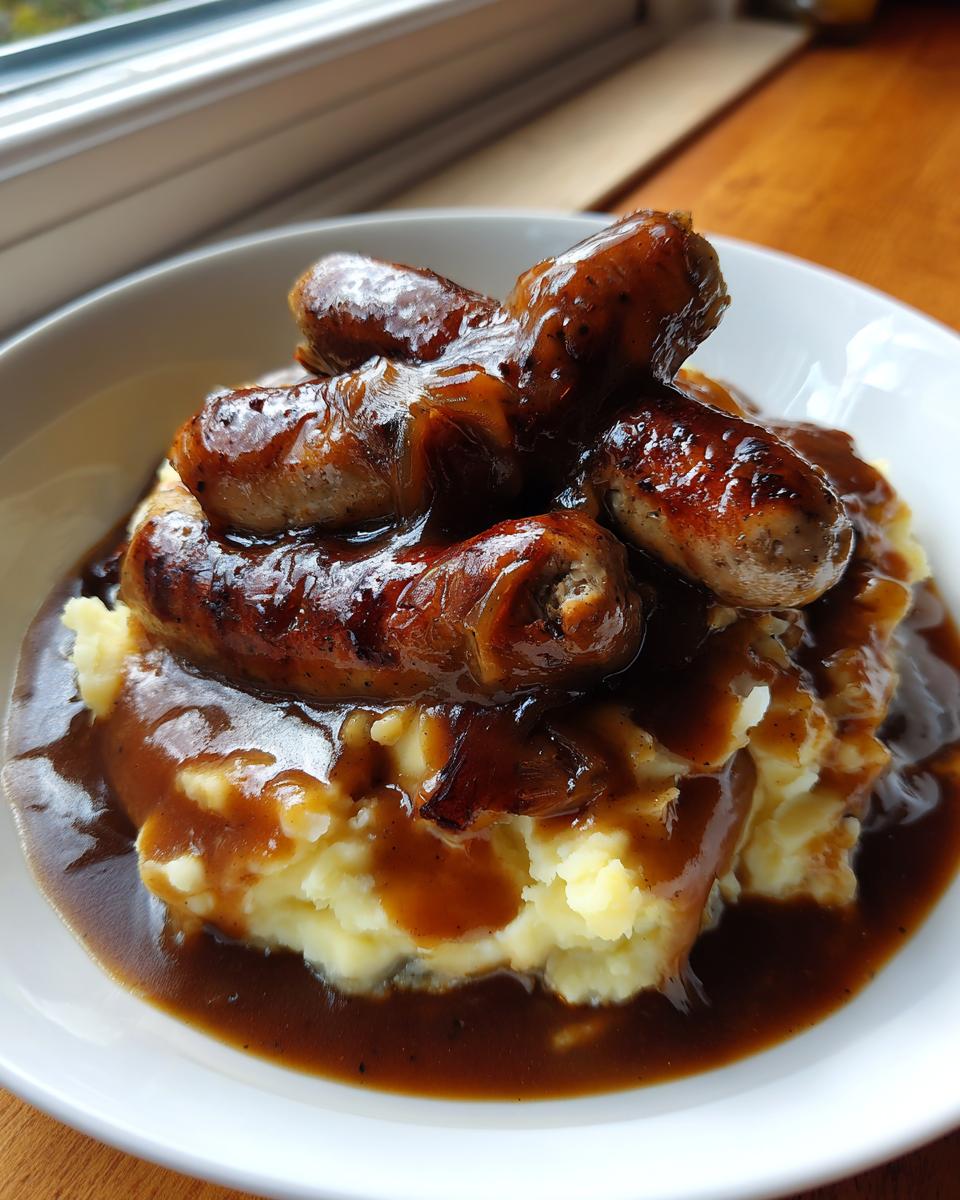 Close-up of four browned sausages smothered in dark gravy served over creamy mashed potatoes, classic bangers and mash.