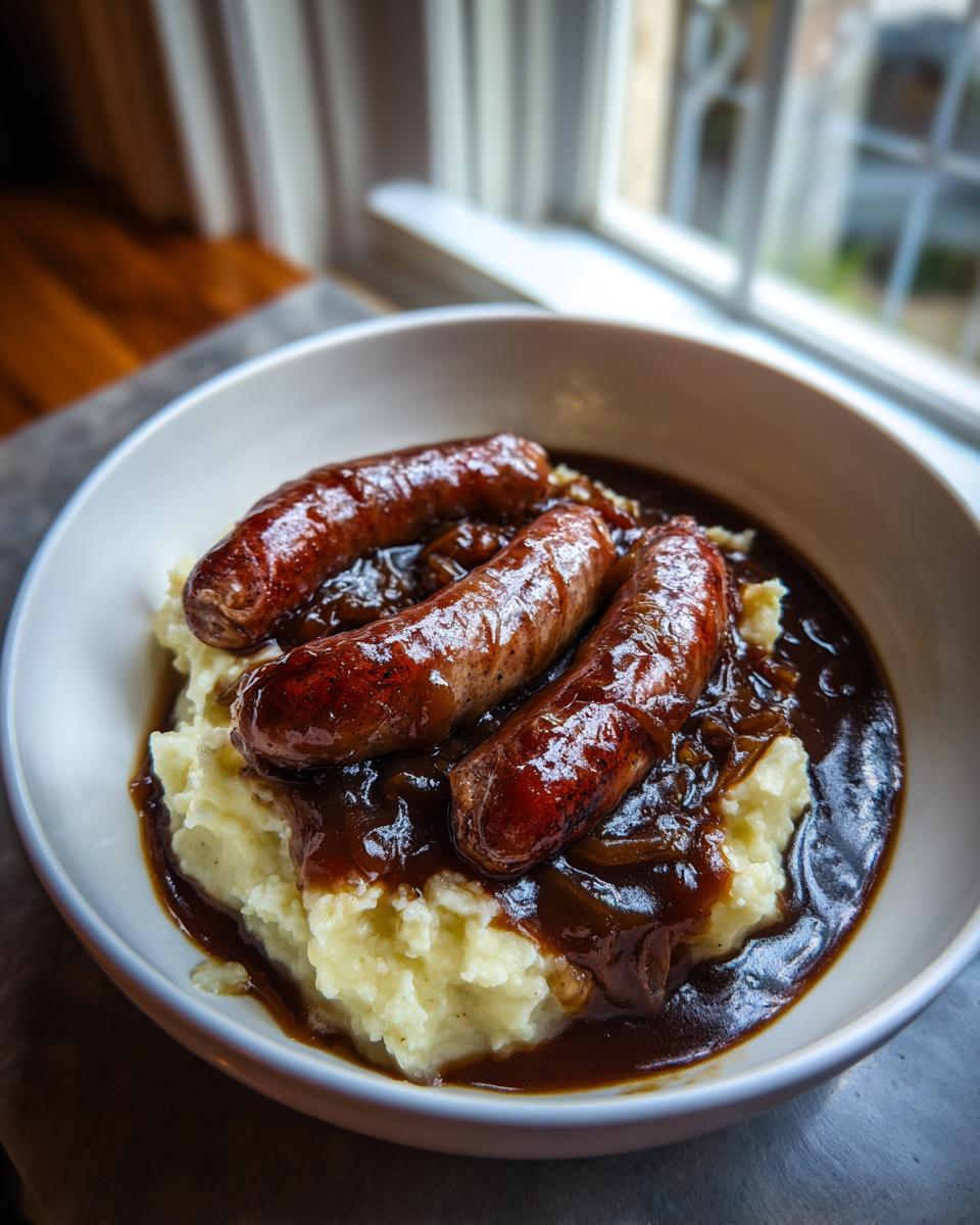 Three perfectly browned sausages served over creamy mashed potatoes and smothered in rich onion gravy for classic bangers and mash.