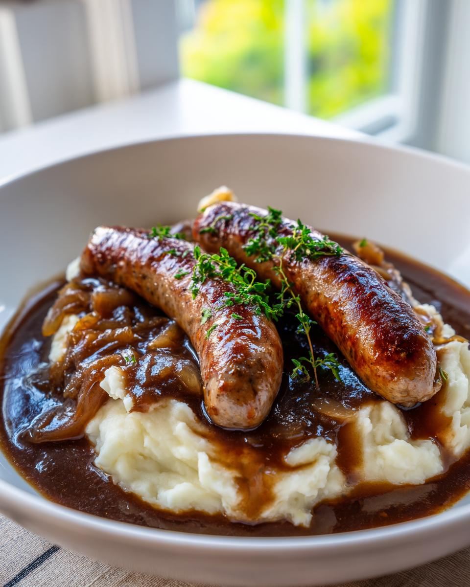 Close-up of perfectly cooked bangers and mash topped with rich onion gravy and fresh thyme.