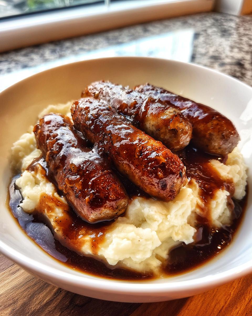 A close-up of a bowl of creamy mashed potatoes topped with four glossy sausages covered in rich brown gravy, classic bangers and mash.