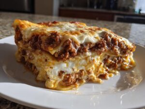 A thick, juicy slice of homemade lasagna showing layers of pasta, rich meat sauce, and melted cheese.