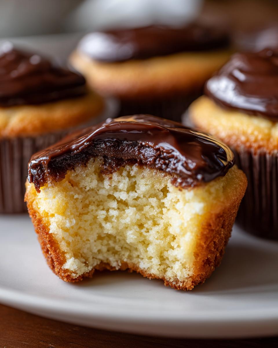 Close-up of a boston cream pie cupcake with a bite taken out, showing the light yellow cake and shiny chocolate topping.