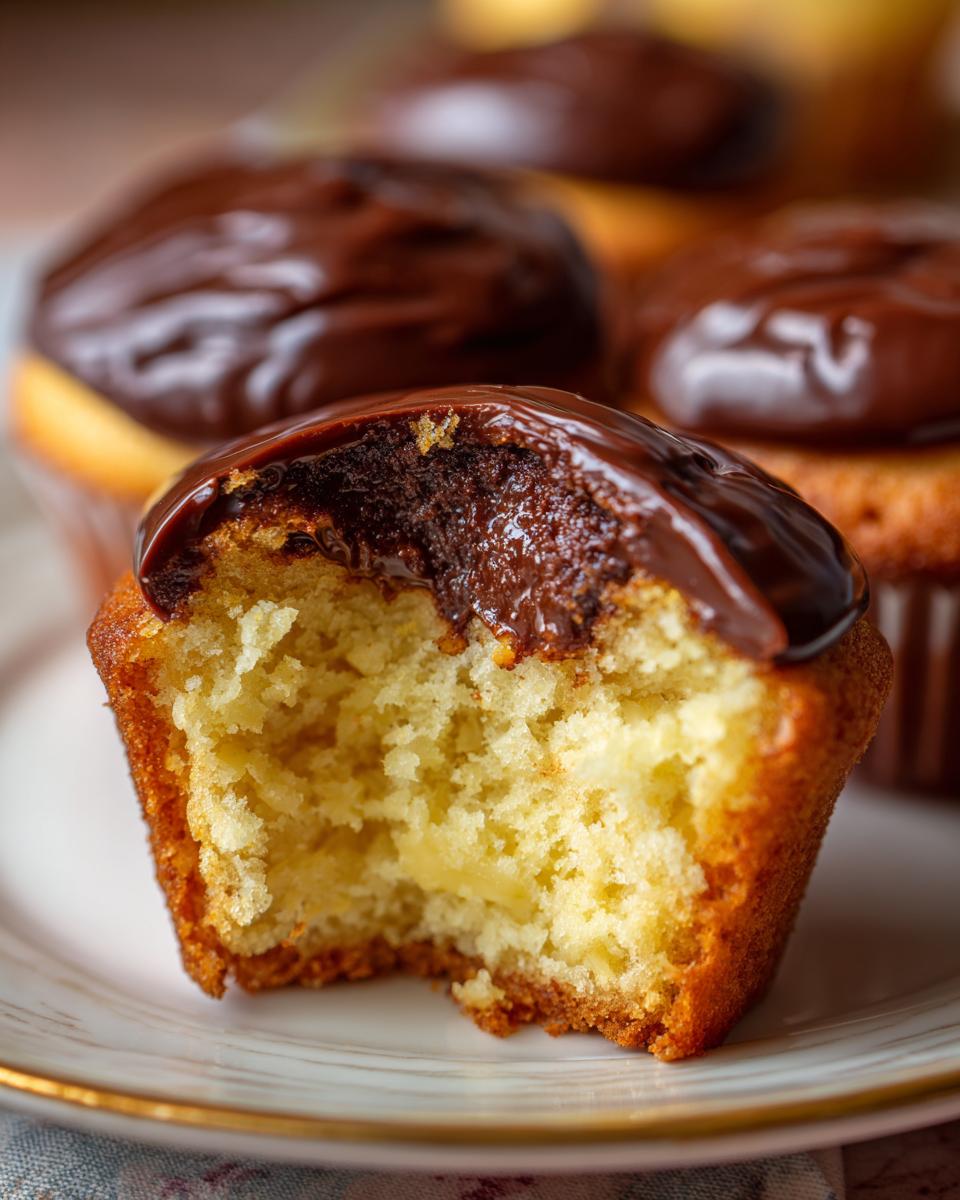 Close-up of a boston cream pie cupcake with a bite taken out, revealing the yellow cake and creamy filling under chocolate frosting.