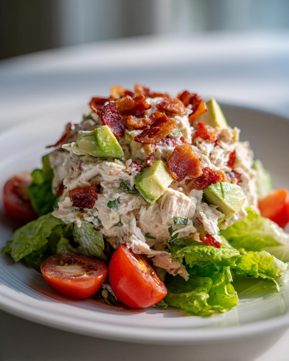 A mound of creamy blt chicken salad topped with crispy bacon bits and avocado chunks, served over lettuce with cherry tomatoes.