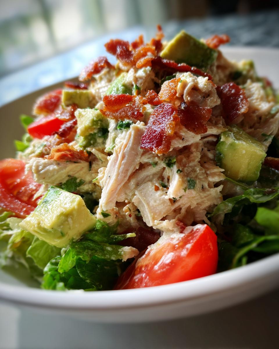 A close-up of a hearty blt chicken salad featuring shredded chicken, avocado chunks, tomato slices, and crispy bacon bits served over lettuce.