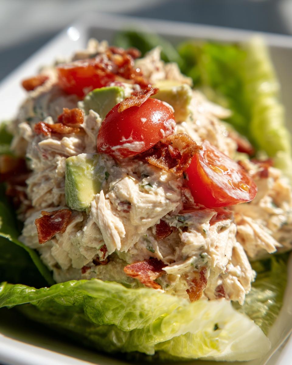 Close-up of a scoop of creamy blt chicken salad topped with bacon bits, avocado, and cherry tomato halves, served in lettuce cups.