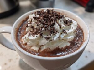 Close-up of a mug filled with rich boozy hot chocolate, topped with whipped cream and chocolate shavings.