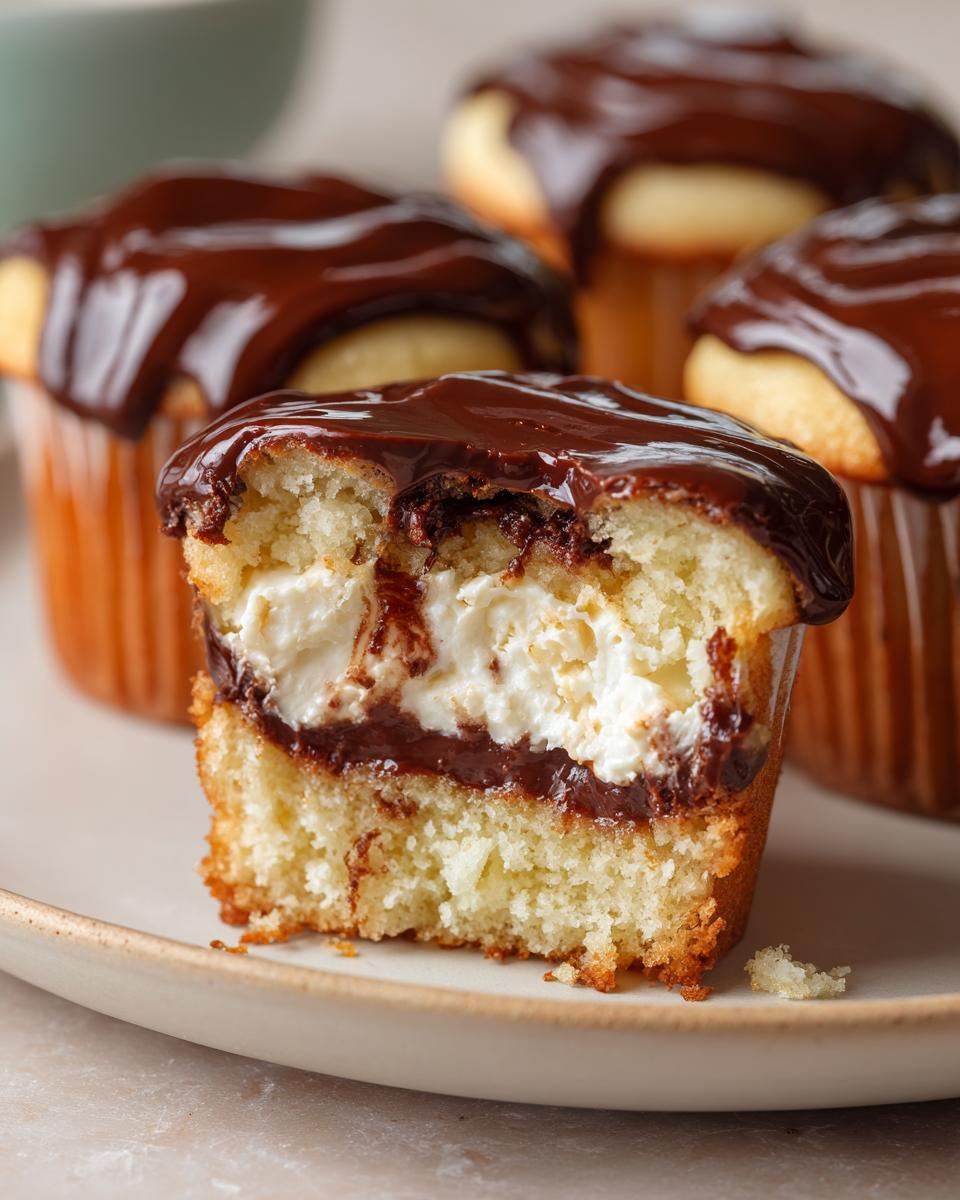 Close-up of a boston cream pie cupcake cut in half showing vanilla cake, pastry cream filling, and chocolate ganache topping.