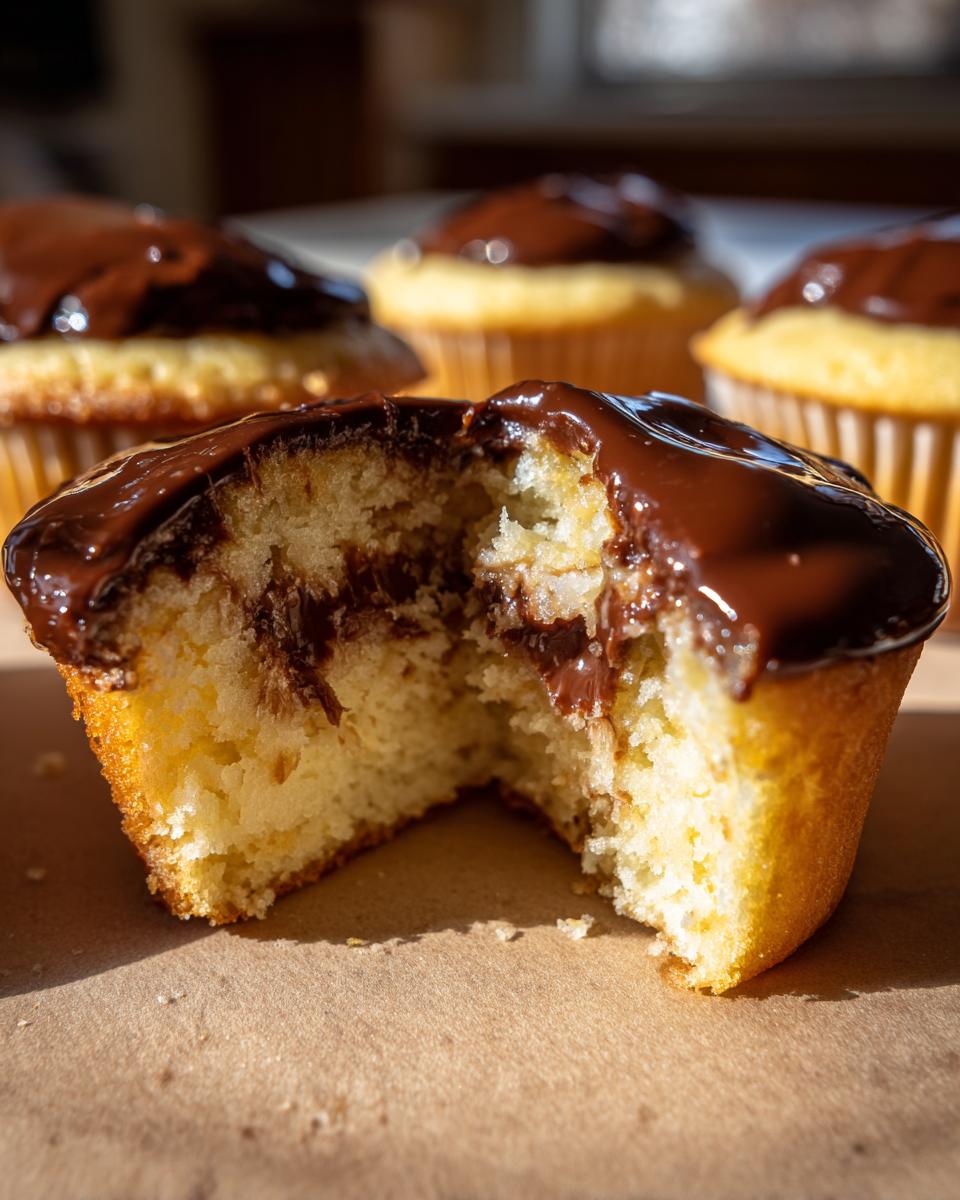 Close-up of a boston cream pie cupcake with a bite taken out, showing the vanilla cake and chocolate filling beneath a rich chocolate glaze.