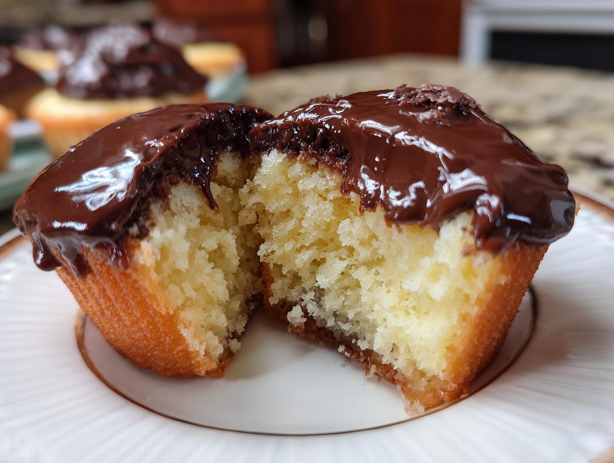 A boston cream pie cupcake cut in half showing the moist vanilla cake interior and thick chocolate ganache topping.
