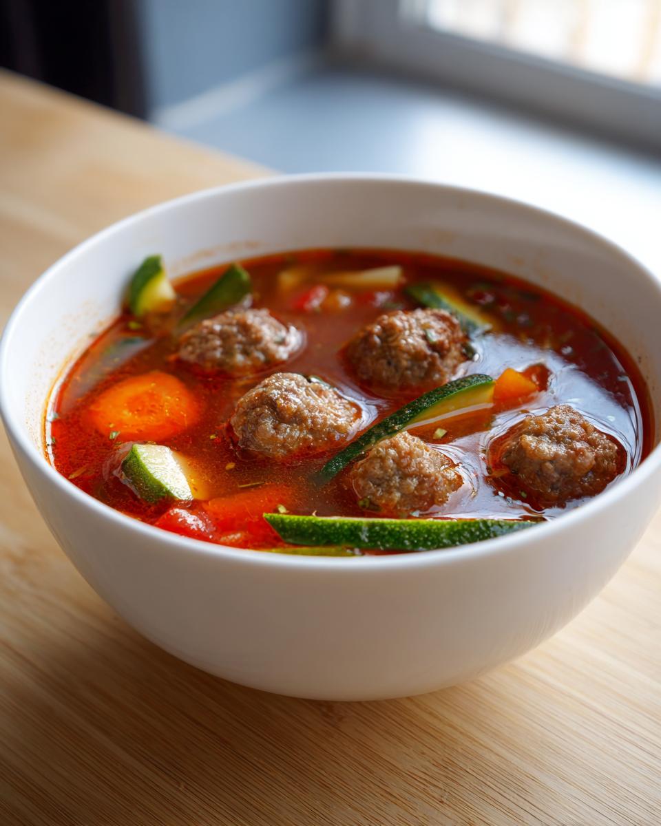 Close-up of a white bowl filled with rich, red broth albondigas soup featuring meatballs and zucchini slices.