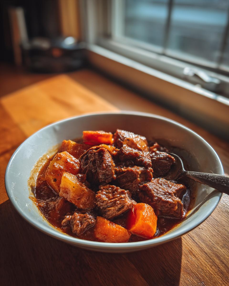 A close-up of a bowl filled with rich, dark 8 hour pork stew chunks and soft carrots, sitting on a wooden table near a window.