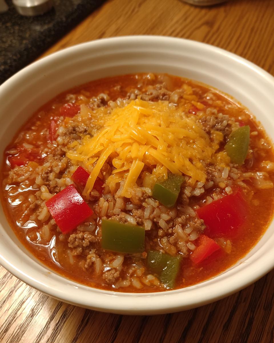Close-up of a hearty bowl of stuffed pepper soup, featuring ground meat, rice, red and green peppers, topped with shredded cheddar cheese.