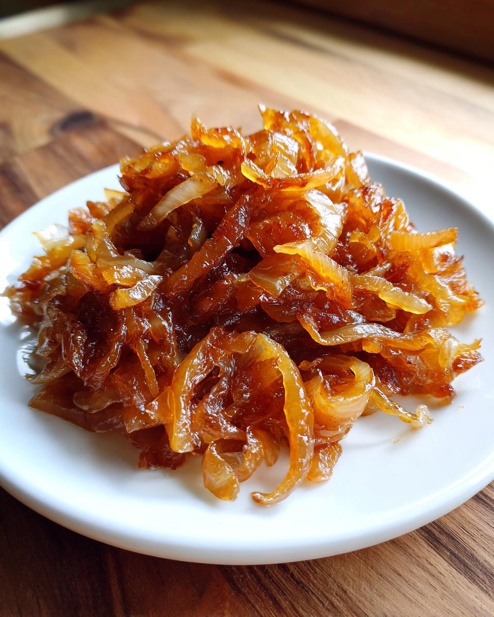 A close-up of rich, golden-brown caramelized onions piled high on a small white plate.