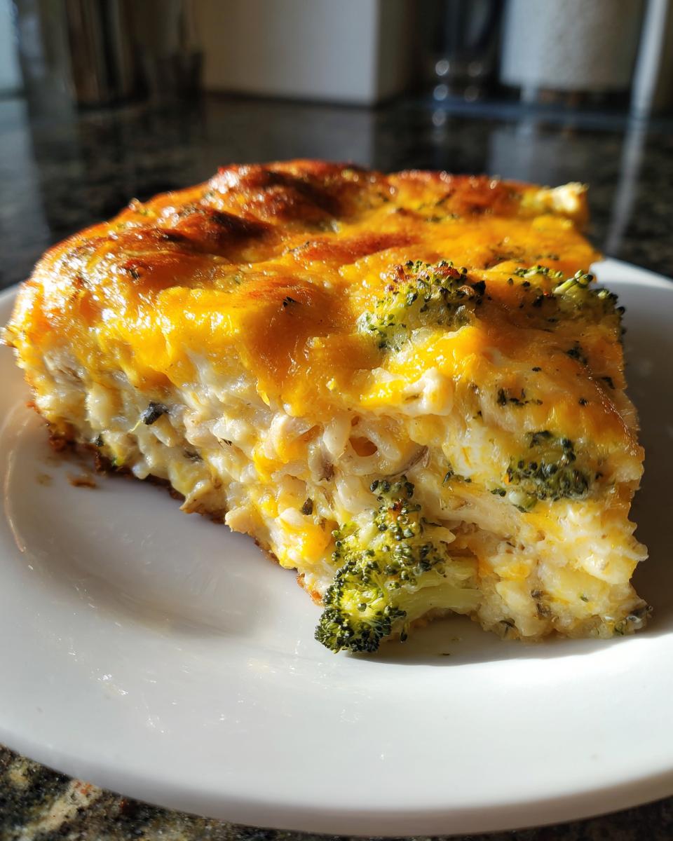 A thick slice of creamy rice casserole topped with melted, browned cheddar cheese and visible broccoli florets.