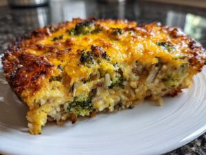 Close-up of a slice of cheesy broccoli rice casserole with a golden-brown, bubbly top.