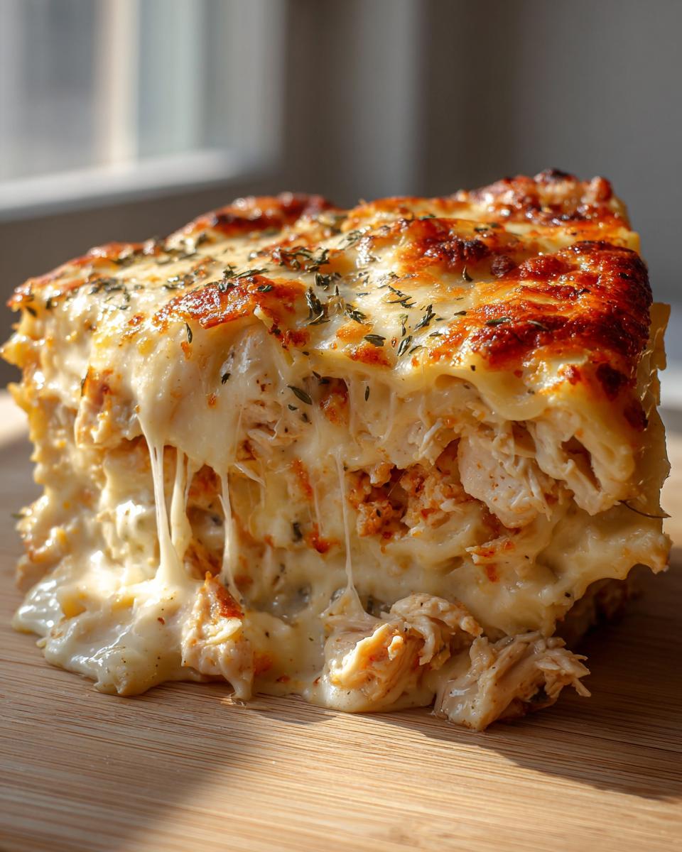 A thick, cheesy slice of chicken alfredo lasagna showing stringy melted cheese and shredded chicken filling.