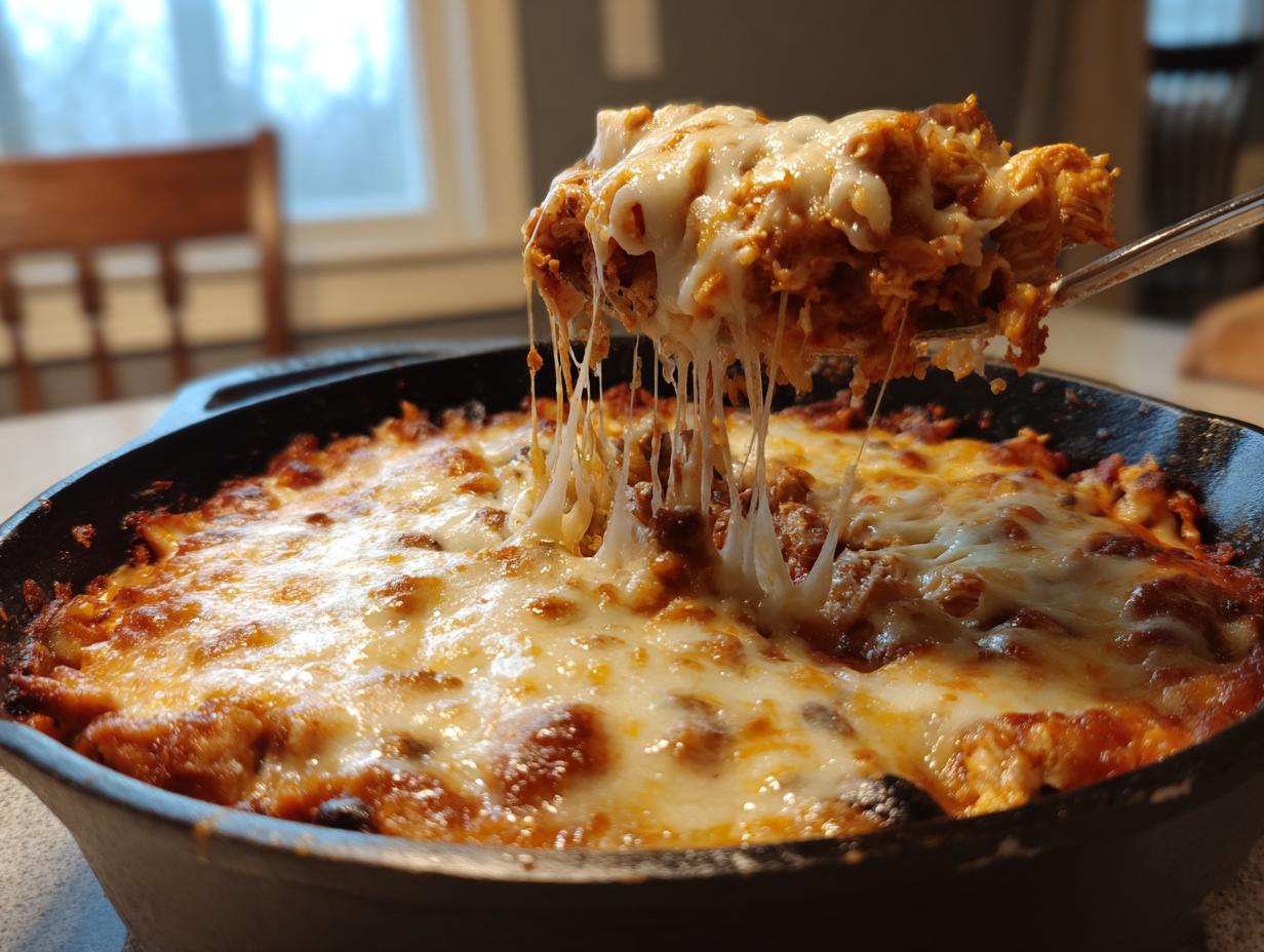 A spoonful of hot chicken enchilada dip is lifted from a cast iron skillet, showing incredible cheese pulls.