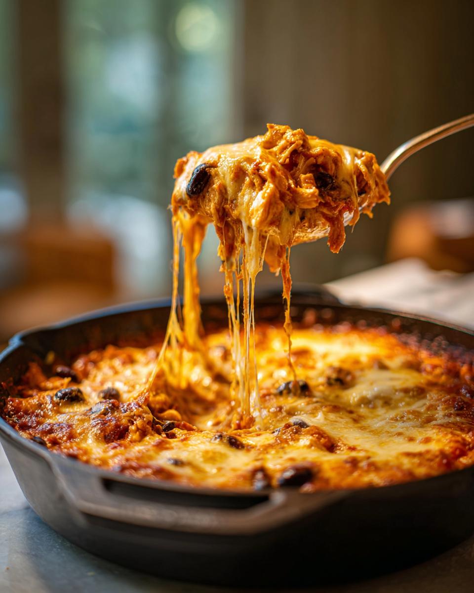 A spoonful of hot, cheesy chicken enchilada dip stretches long strings of melted cheese.