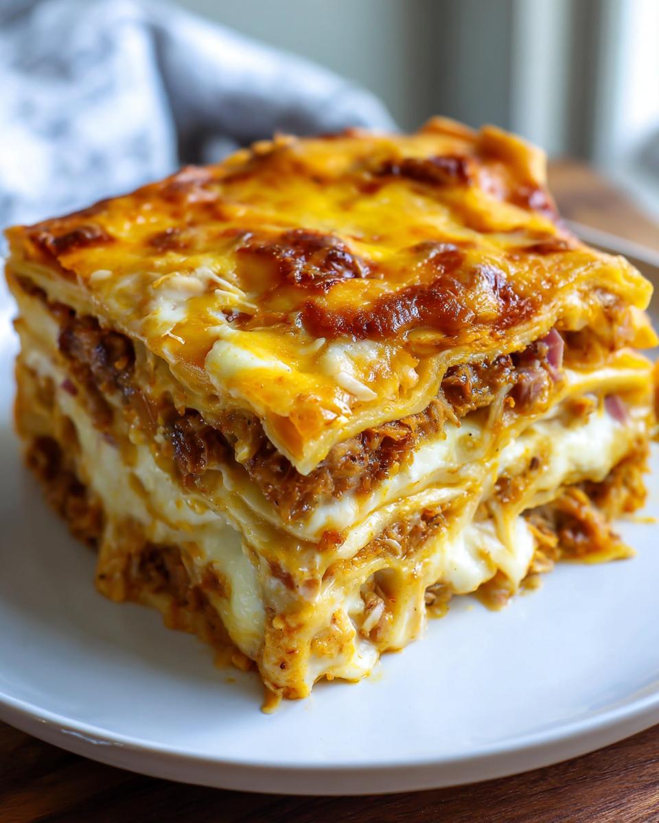 A thick, layered slice of homemade Reuben bake showing melted cheese and savory filling.