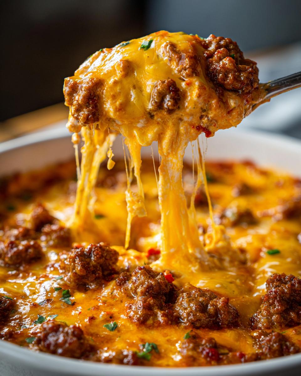 A spoonful of hot, cheesy rotel dip with ground meat being lifted, showing long cheese strings stretching back to the dish.