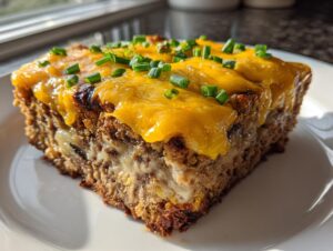 A thick slice of rich meatloaf casserole topped with melted cheddar cheese and fresh green chives.