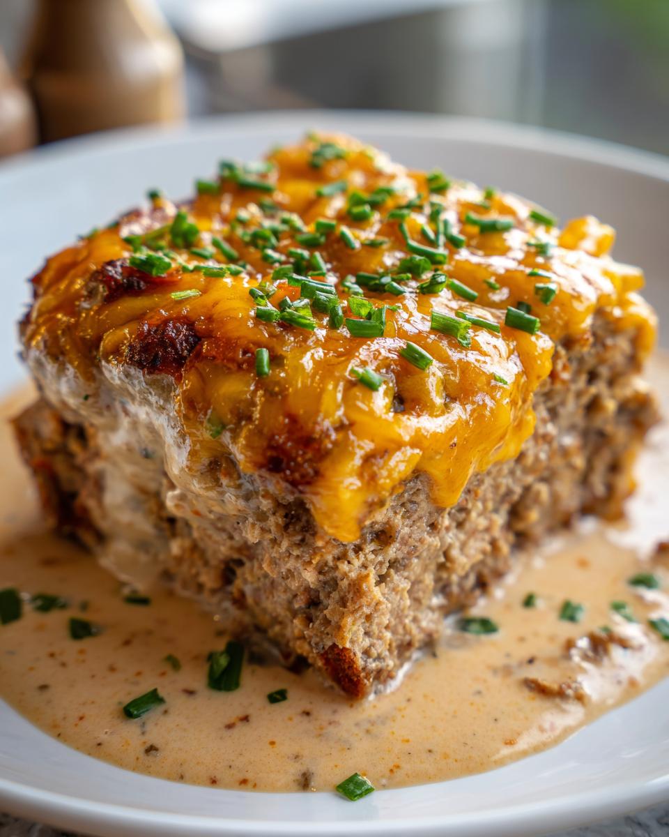 A thick slice of cheesy meatloaf casserole topped with melted cheddar and chives, sitting in a creamy sauce.