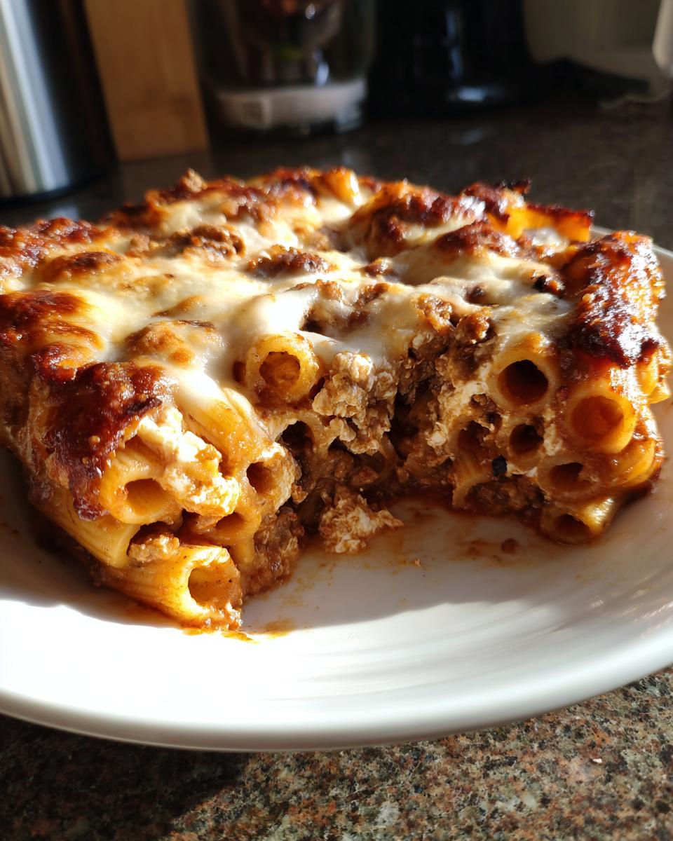 Close-up of a serving of delicious pasta bake with melted, browned cheese and meat sauce.