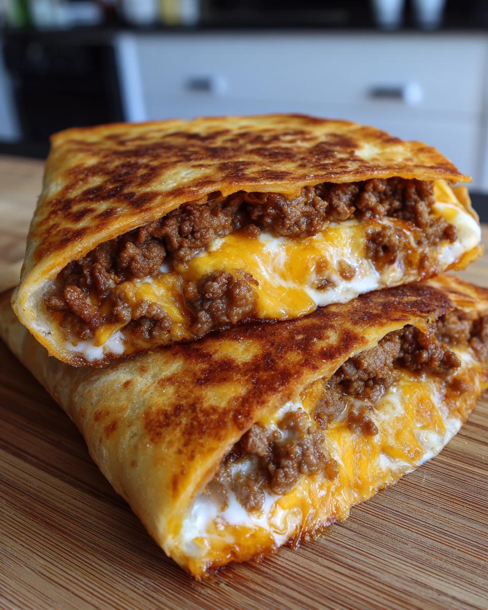 Two halves of cheesy pocket tacos stacked, showing a gooey filling of seasoned ground beef and melted cheddar and white cheese.