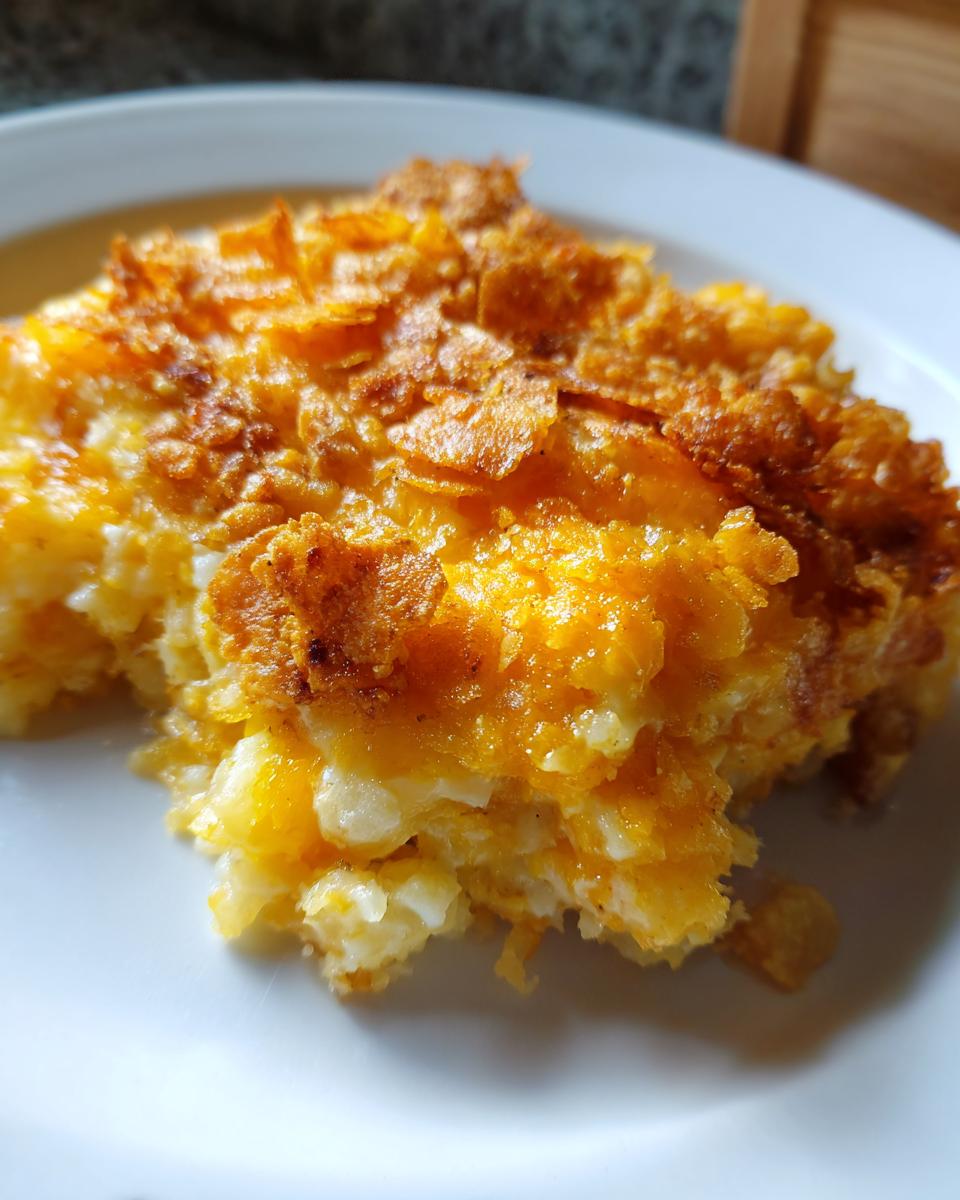 A close-up serving of cheesy potato casserole featuring a creamy interior and a golden, crunchy cornflake topping.