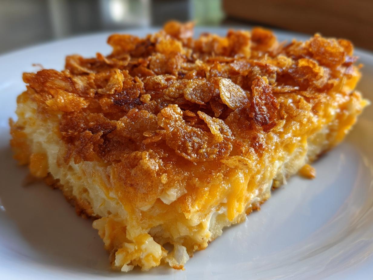 Close-up of a serving of cheesy potato casserole featuring a golden, crunchy cornflake topping.