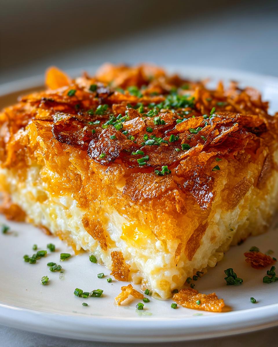 A close-up of a square serving of cheesy potato casserole, featuring a creamy interior and a golden, crispy cornflake topping, garnished with chives.