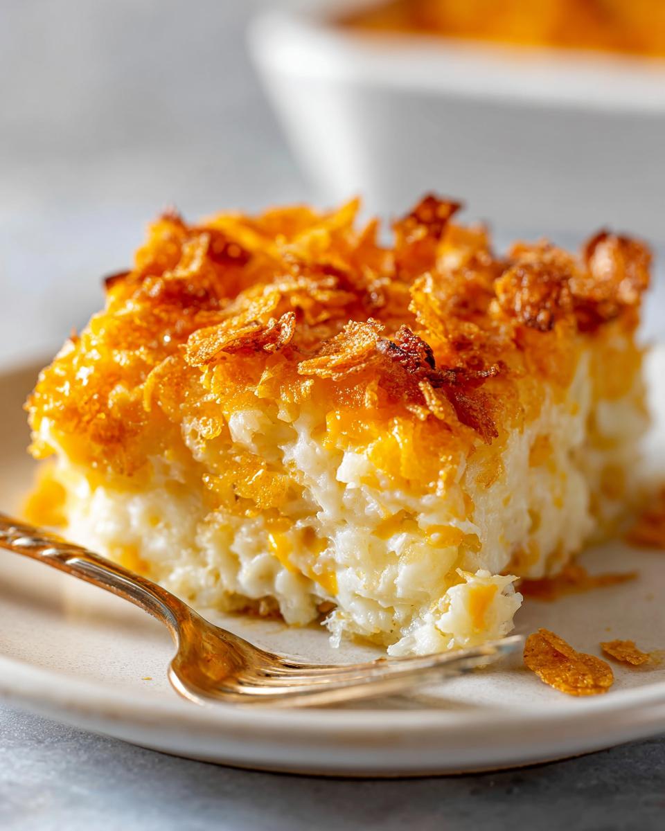 A close-up of a square serving of cheesy potato casserole topped with crispy, golden cornflakes, resting on a plate with a gold fork.