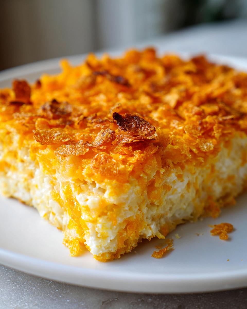 A close-up of a square serving of cheesy potato casserole with a golden, crunchy cornflake topping.