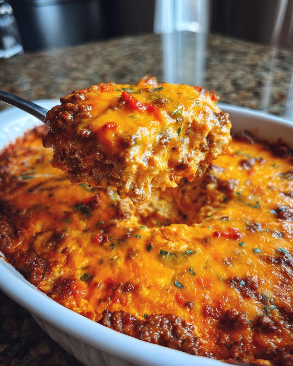 A spoonful of hot, cheesy rotel dip loaded with ground meat and peppers being lifted from a white baking dish.