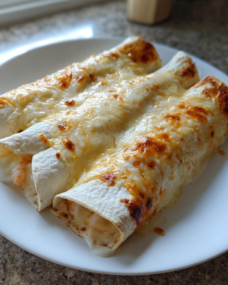 Three baked shrimp enchiladas covered in melted, browned cheese served on a white plate.