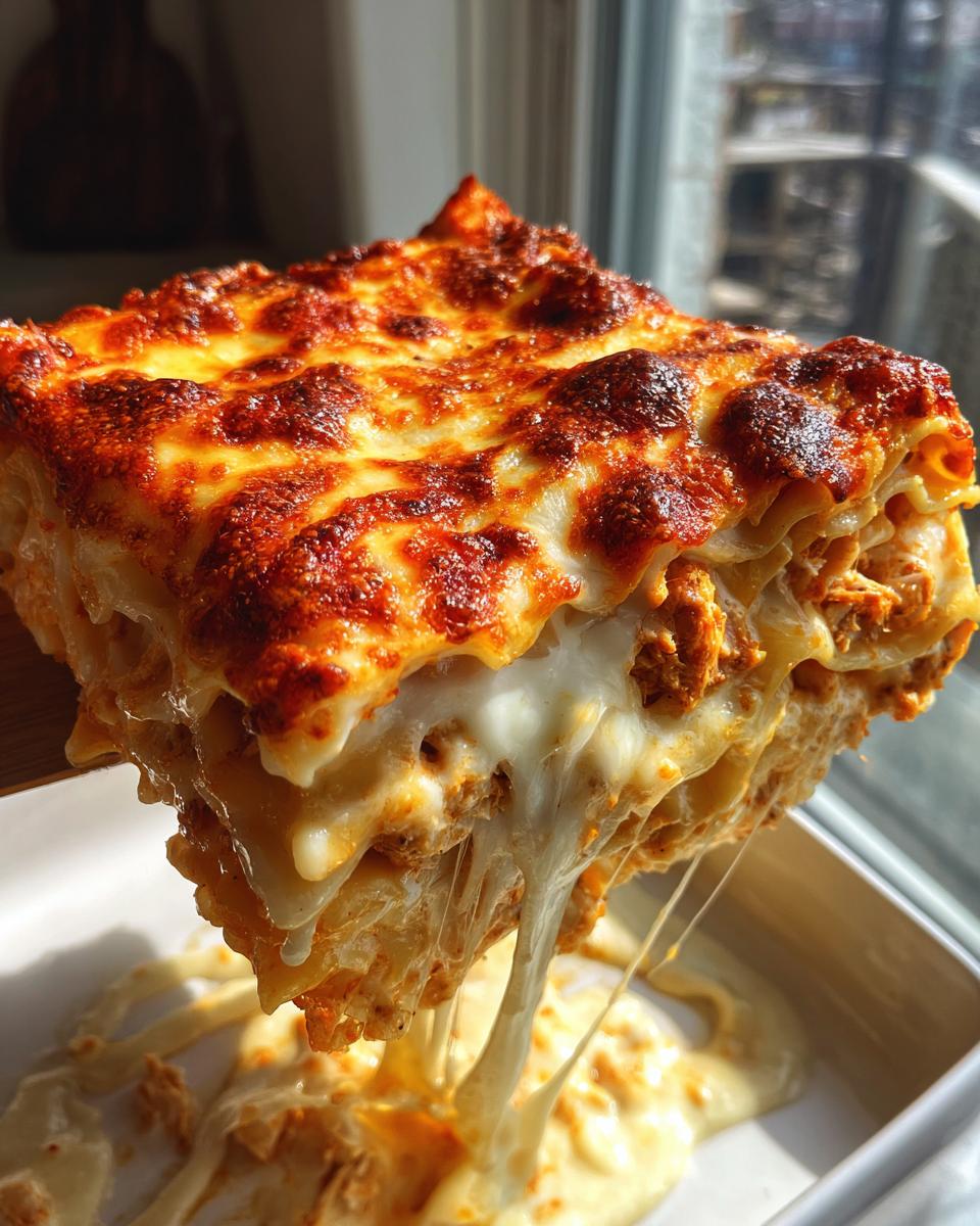 A close-up shot of a slice of chicken alfredo lasagna being lifted, showing a dramatic cheese pull and a golden-brown, bubbly top.