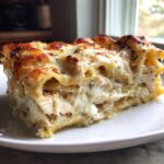 A close-up of a thick slice of chicken alfredo lasagna showing layers of pasta, creamy sauce, and shredded chicken, topped with browned cheese.