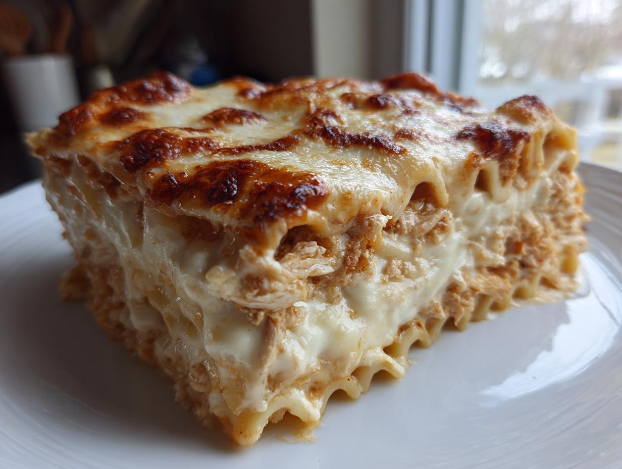 A thick, layered slice of chicken alfredo lasagna with a bubbly, browned cheese top, served on a white plate.
