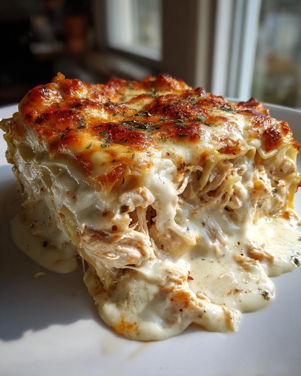 A decadent slice of chicken alfredo lasagna oozing with creamy sauce and topped with browned cheese.
