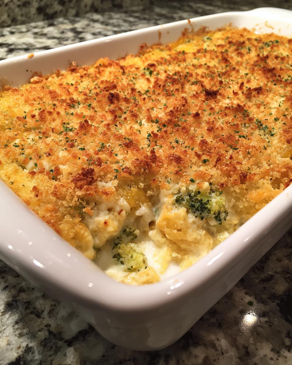 A close-up of a freshly baked Chicken Divan casserole in a white dish with a crispy, golden breadcrumb topping.