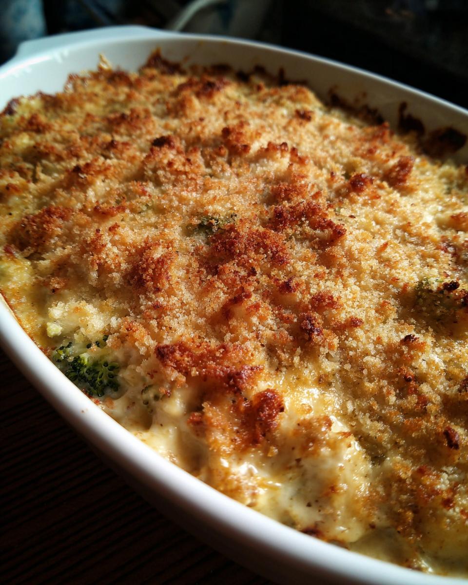 Close-up of a creamy Chicken Divan casserole with a crispy, golden-brown breadcrumb topping.