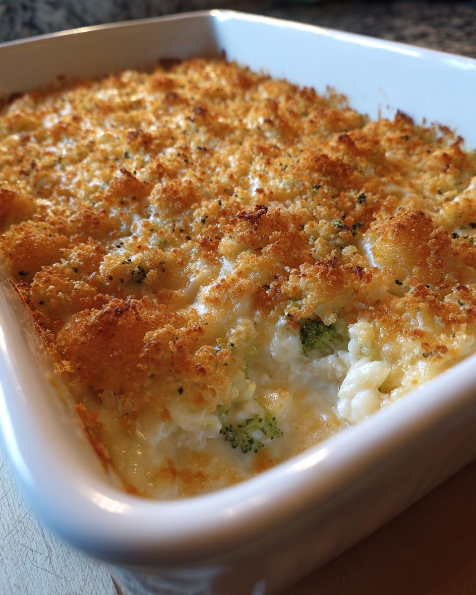 Close-up of a creamy Chicken Divan casserole with broccoli, topped with a golden, crispy breadcrumb crust.