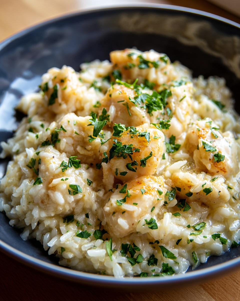 A close-up of creamy garlic parmesan rice topped with pieces of golden chicken scampi and fresh parsley.