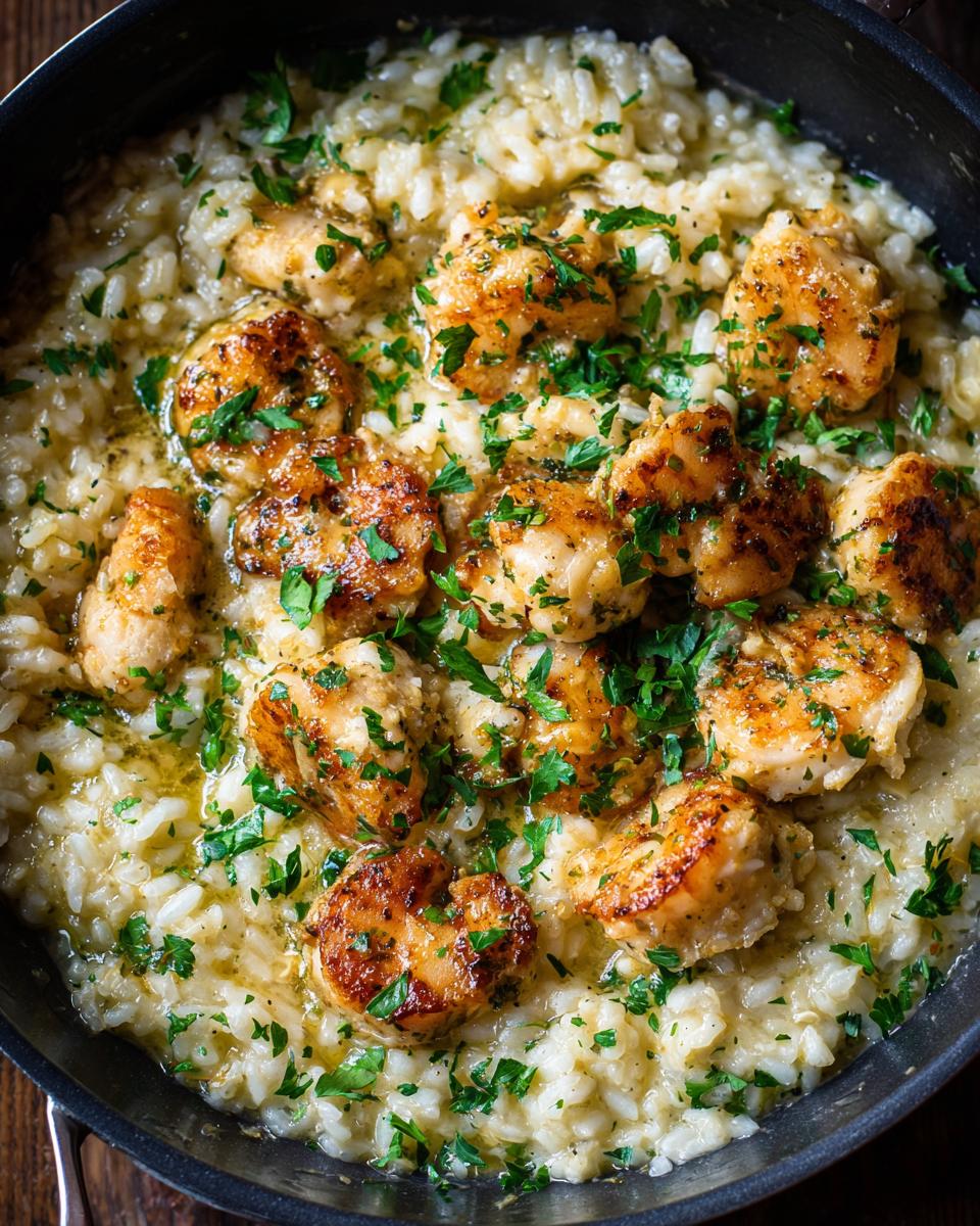Close-up of golden-brown chicken scampi pieces served over creamy garlic parmesan rice, garnished with fresh parsley.