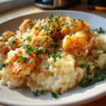 Close-up of creamy garlic parmesan rice topped with seasoned chicken scampi pieces and fresh parsley.
