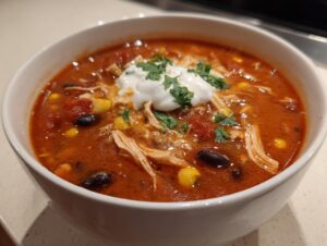 Close-up of a white bowl filled with rich, red chicken taco soup, topped with sour cream and cilantro.